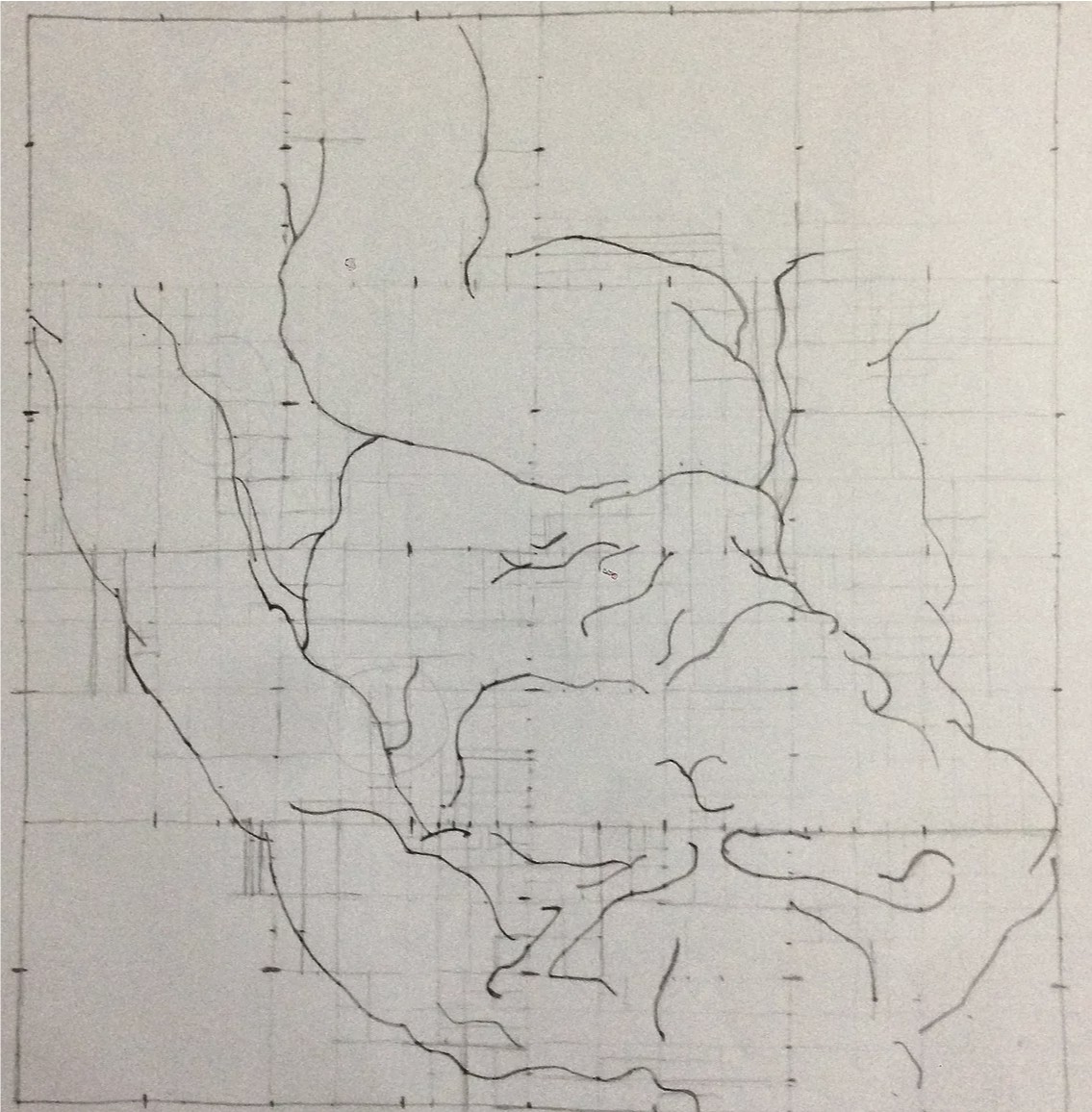 Abstract pencil line study on a numbered grid, transferring a reference proportionally