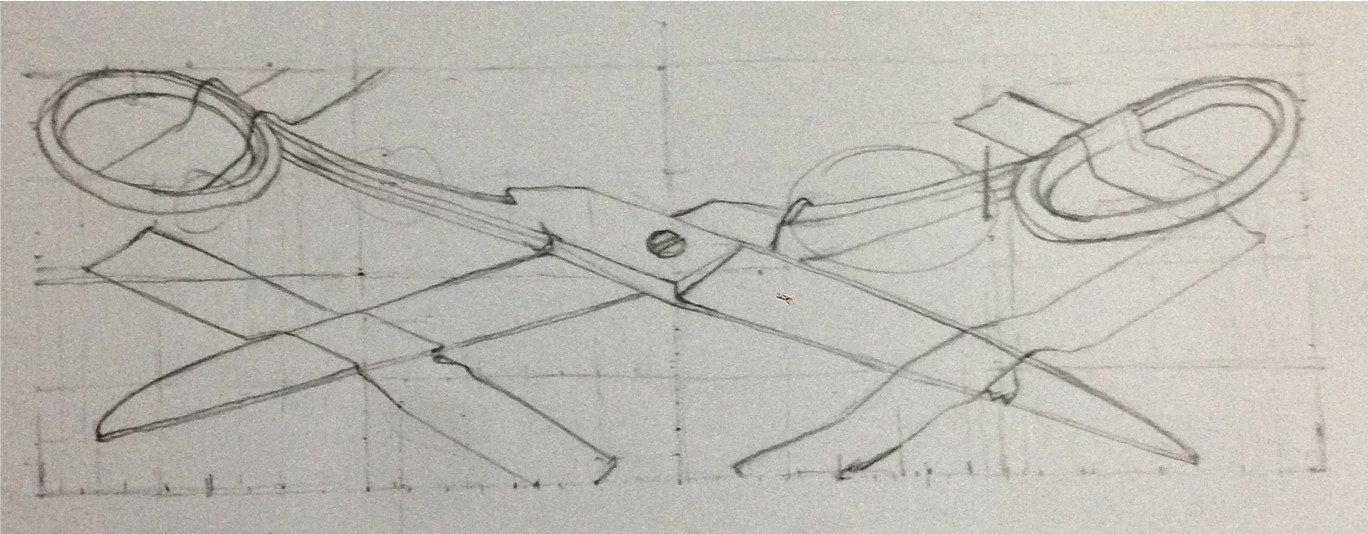 Pencil study of a pair of scissors, showing perspective and construction lines