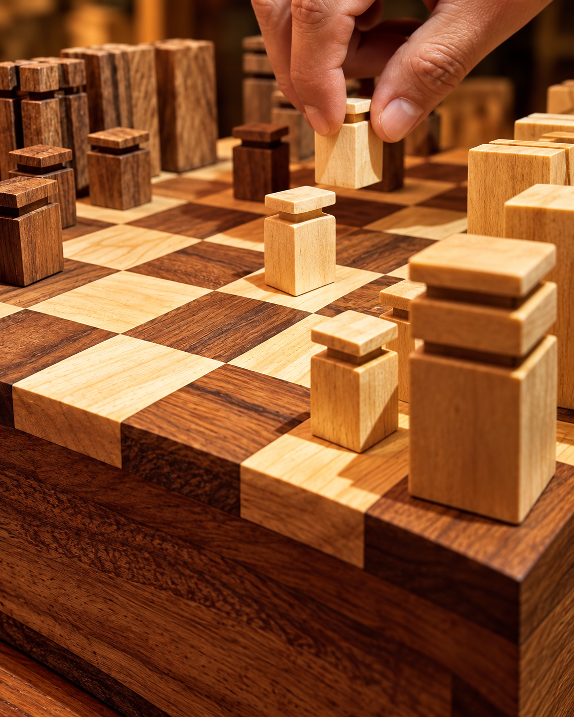 A hand moving a chess piece across the finished wooden chessboard mid-game
