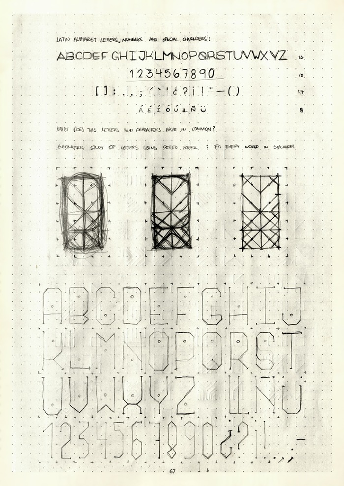Full hand-drawn geometric alphabet A to Z built from dot-grid construction lines