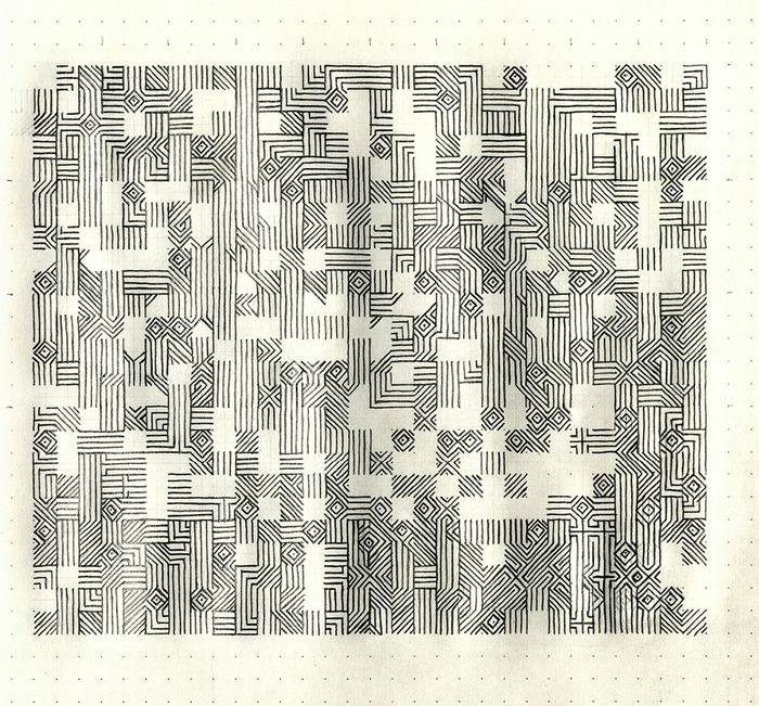 Dense woven pattern composition built entirely from the reduced letterforms