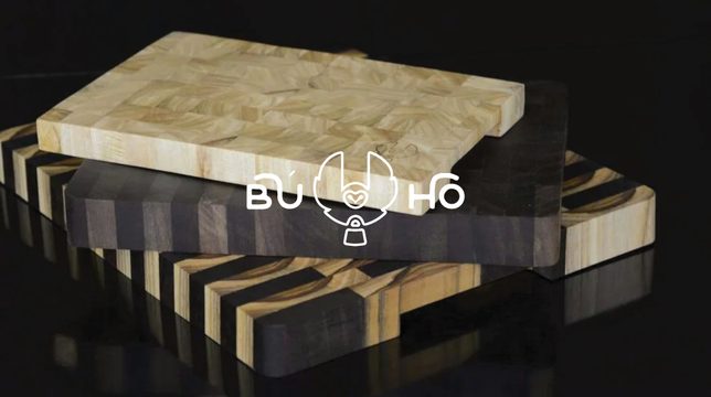 A finished batch of butcher blocks stacked and ready
