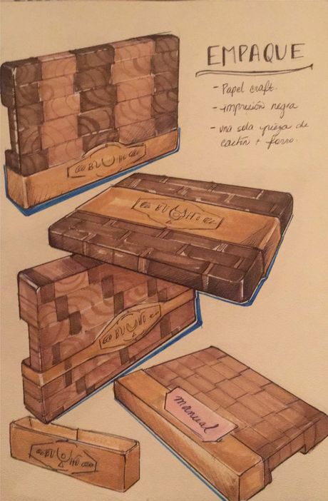 Hand-drawn packaging concept sketches labeled Empaque