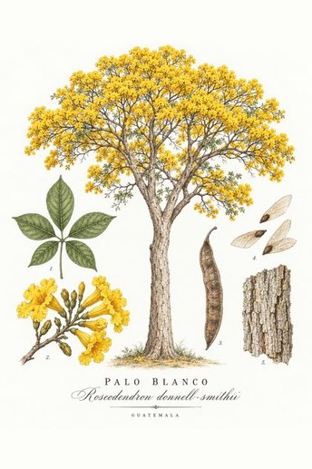 Palo Blanco, Roseodendron donnell-smithii, botanical illustration