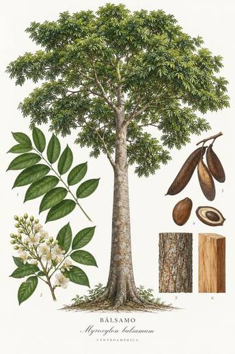 Bálsamo, Myroxylon balsamum, botanical illustration