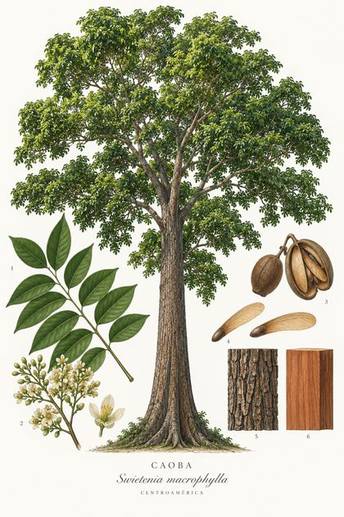 Caoba, Swietenia macrophylla, botanical illustration