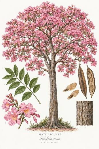 Matilisguate, Tabebuia rosea, botanical illustration