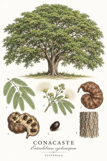 Conacaste, Enterolobium cyclocarpum, botanical illustration