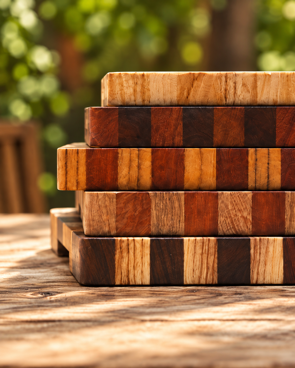 Handmade hardwood butcher blocks from Búho GT, stacked and finished