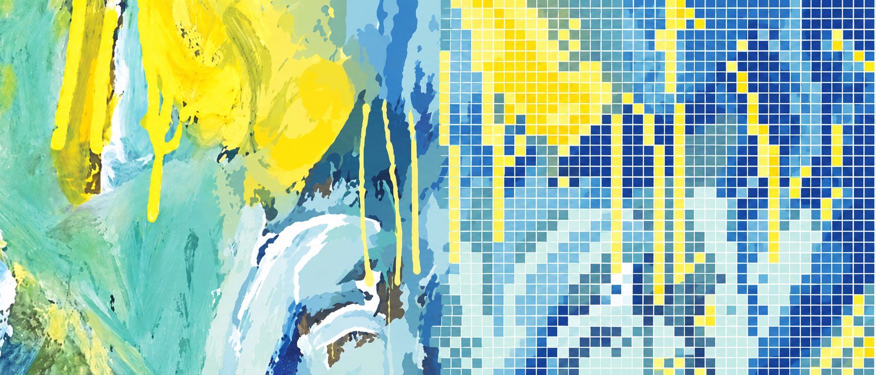 The painting translating into a woven mosaic, left to right