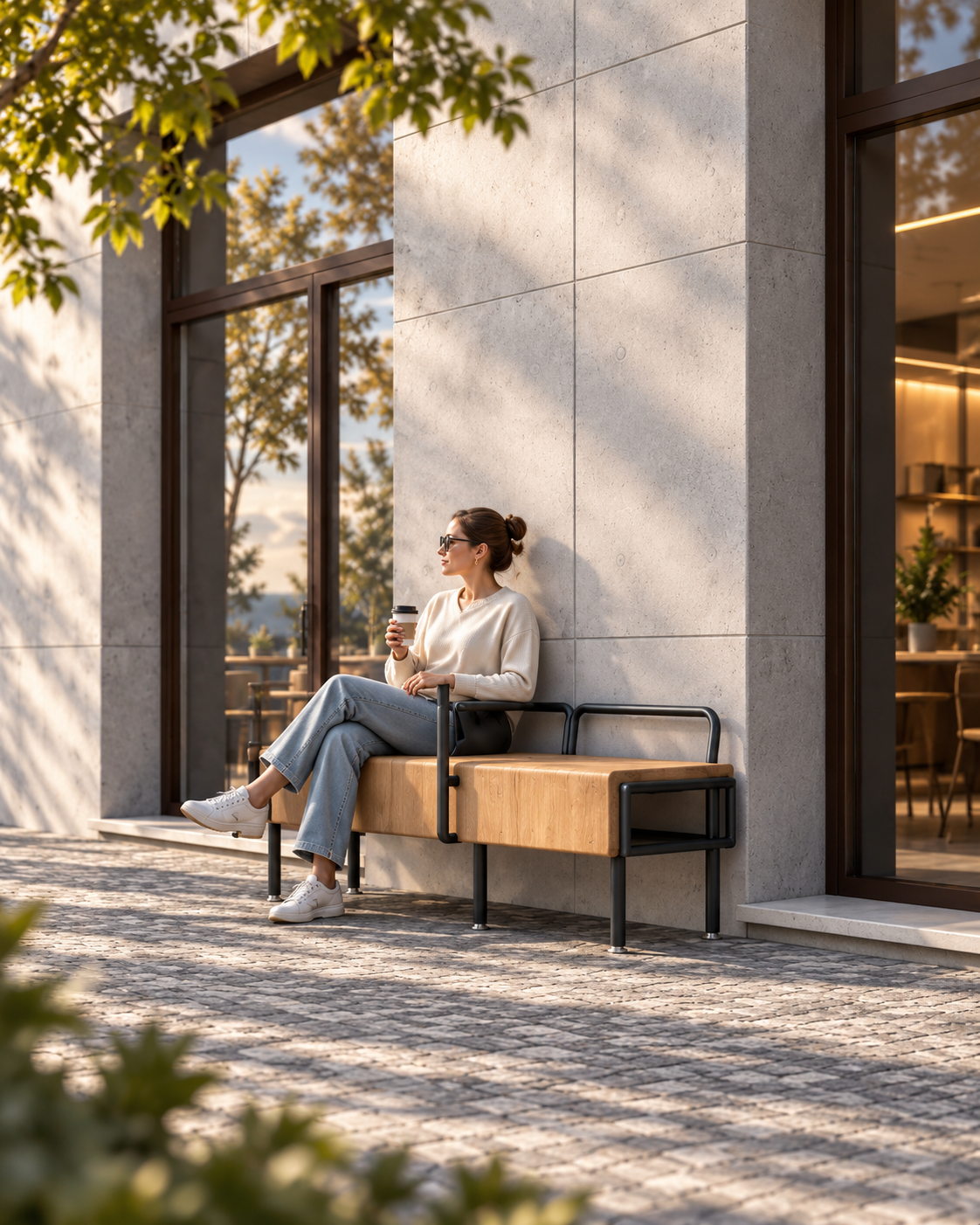 A woman sitting on the outdoor bench designed for The Miners coffee shop, holding a coffee cup